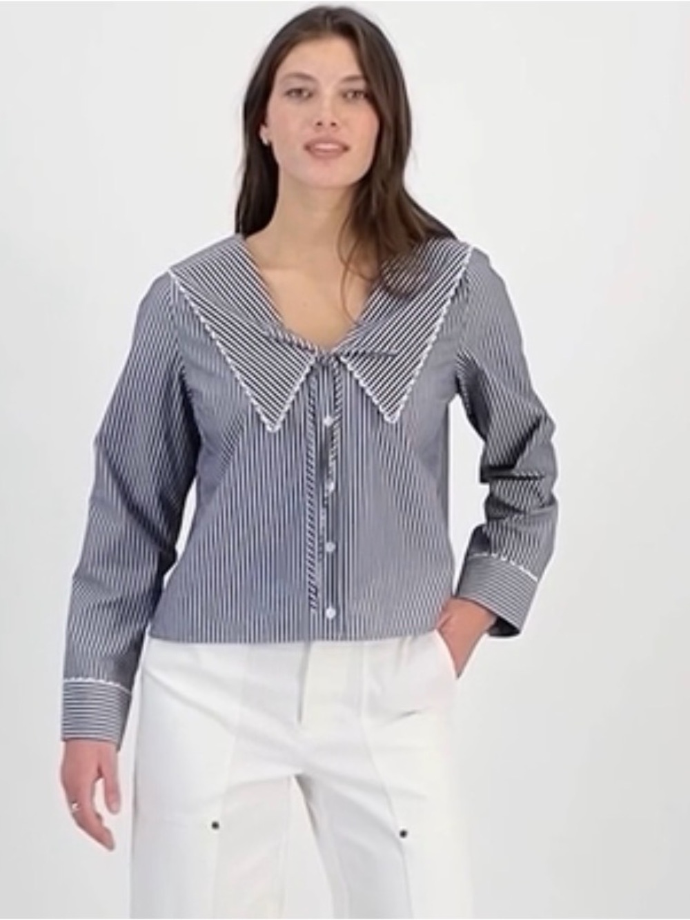 ON 34th Lace Trim Sailor Collar Stripe Long-Sleeve Button Down Blouse Top SZ 2X